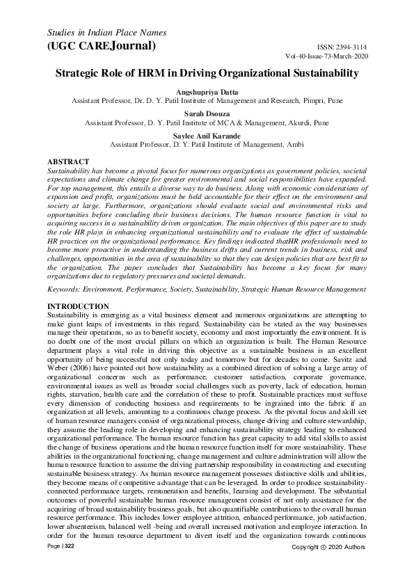 (PDF) Strategic Role of HRM in Driving Organizational Sustainability