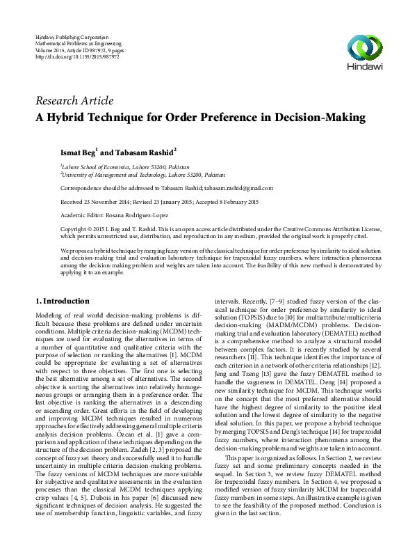 (PDF) A Hybrid Technique for Order Preference in Decision-Making