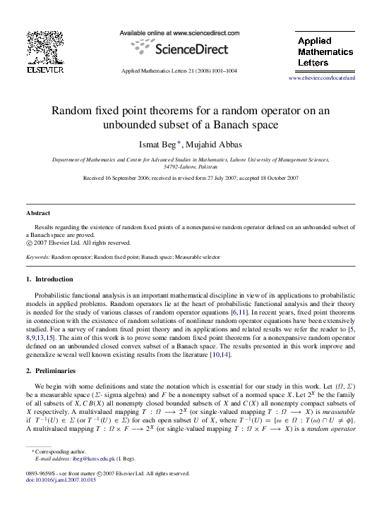 (PDF) Random fixed point theorems for a random operator on an unbounded ...