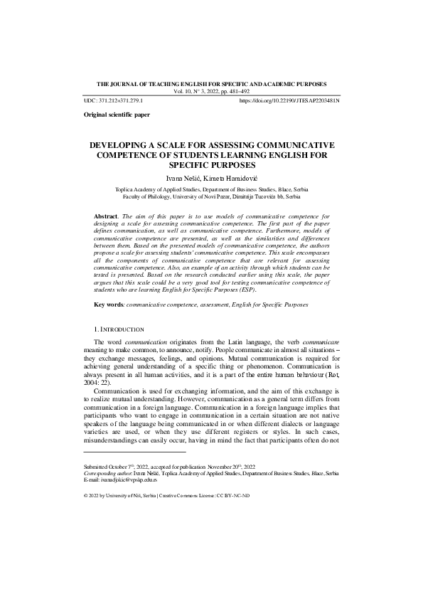 (PDF) Developing a Scale for Assessing Communicative Competence of ...