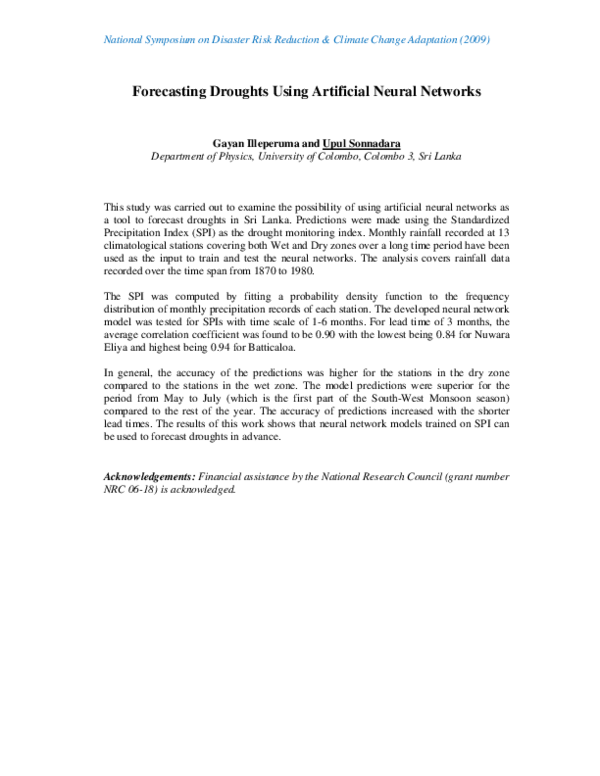 (PDF) Forecasting Droughts using Artificial Neural Networks
