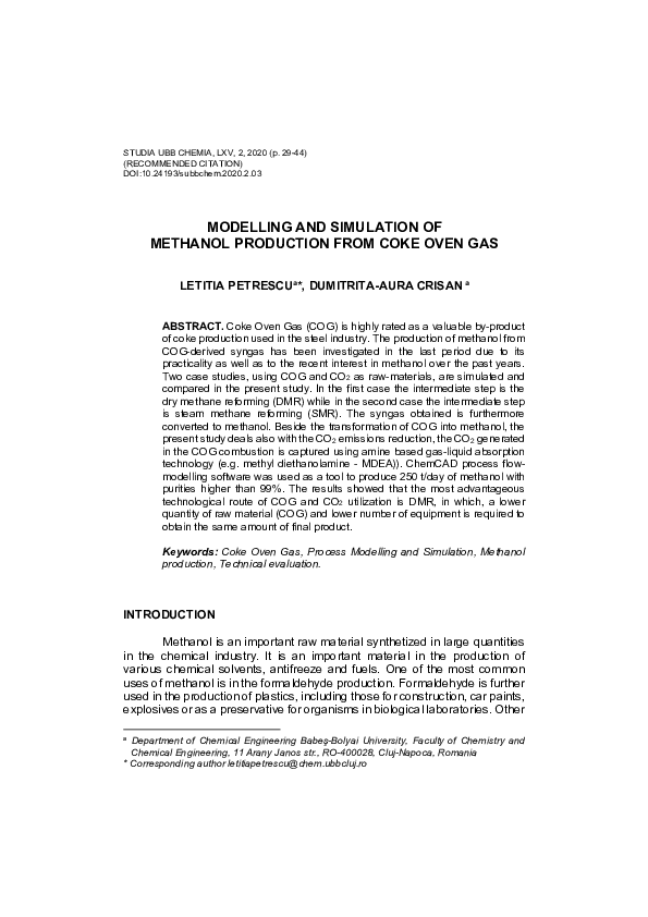 (PDF) Modelling and simulation of methanol production from coke oven gas
