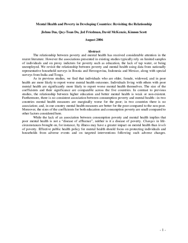 (PDF) Mental health and poverty in developing countries: Revisiting the ...