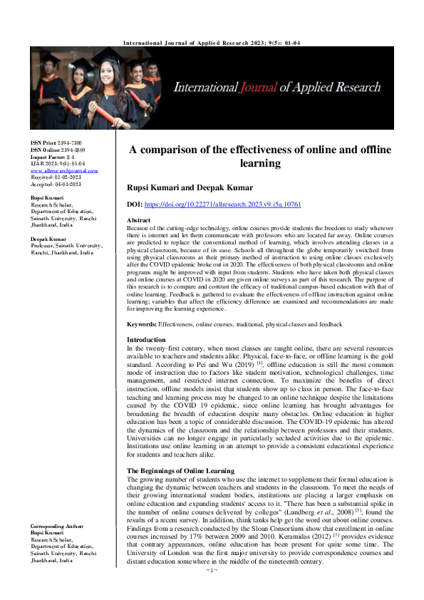 (PDF) A comparison of the effectiveness of online and offline learning