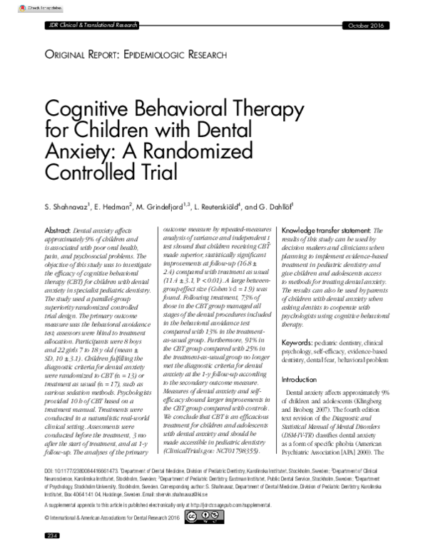 (PDF) Cognitive Behavioral Therapy for Children with Dental Anxiety