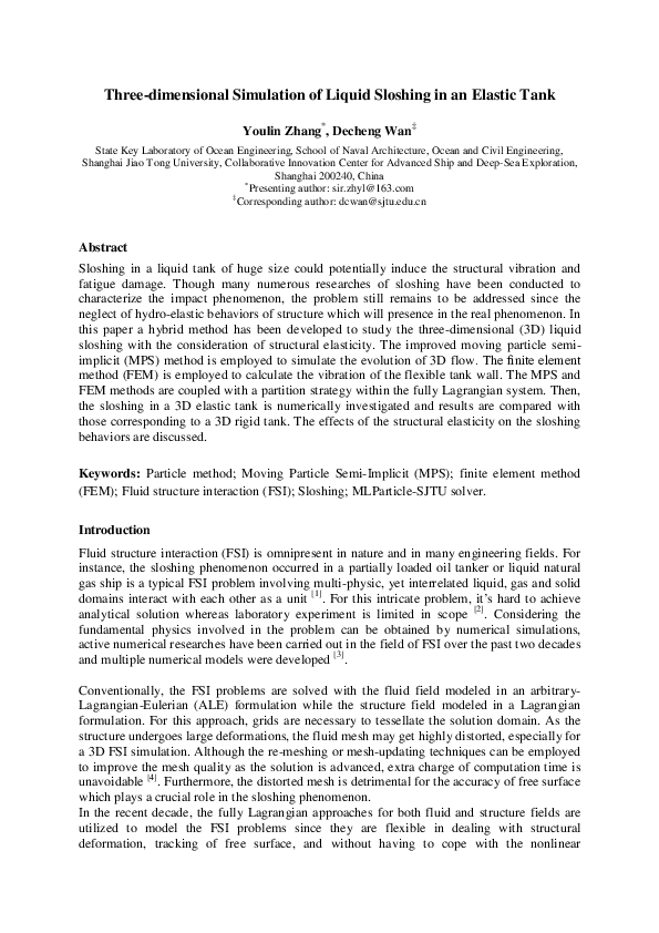 (PDF) Three-dimensional Simulation of Liquid Sloshing in an Elastic Tank
