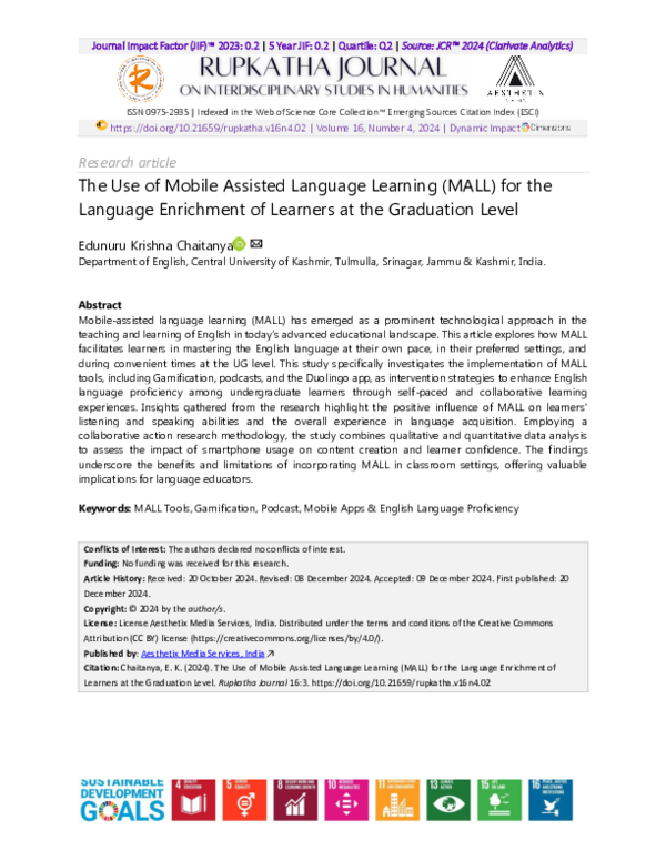 (PDF) The Use of Mobile Assisted Language Learning (MALL) for the ...