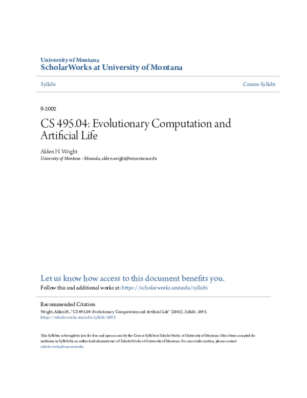 (PDF) CS 495.04: Evolutionary Computation and Artificial Life