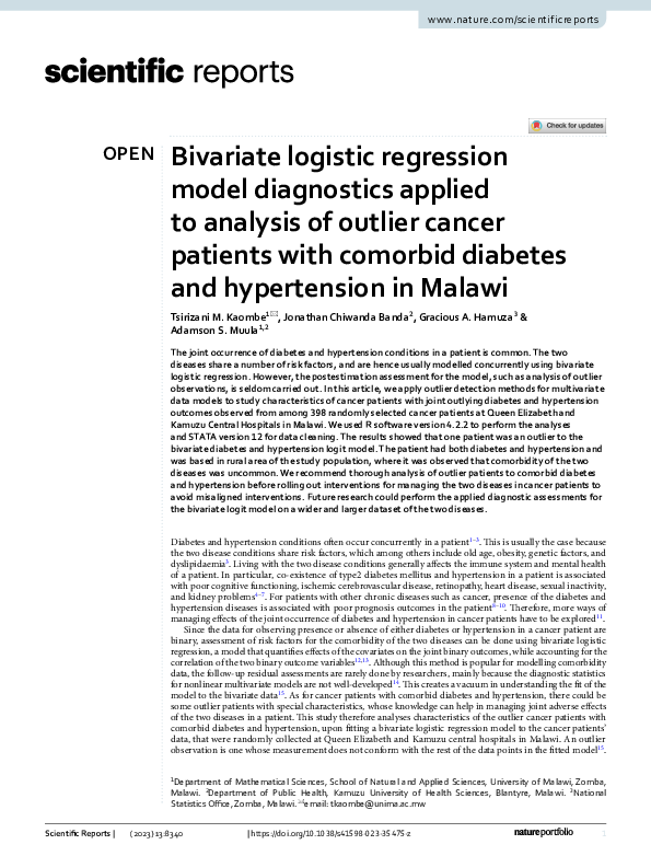 (PDF) Bivariate logistic regression model diagnostics applied to ...