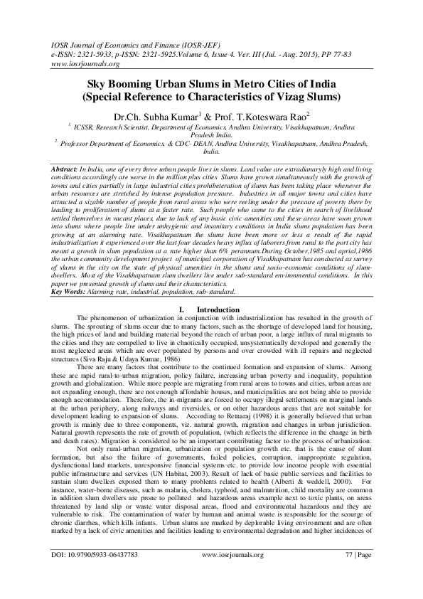 (PDF) Sky Booming Urban Slums in Metro Cities of India (Special ...