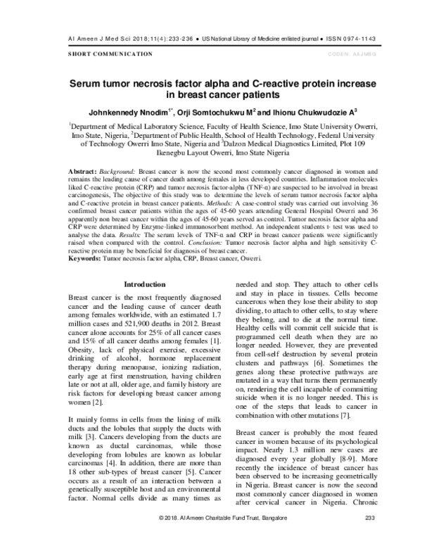 (PDF) Serum tumor necrosis factor alpha and C-reactive protein increase ...