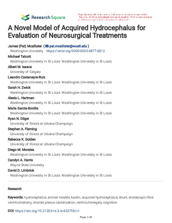 (PDF) A Novel Model of Acquired Hydrocephalus for Evaluation of ...