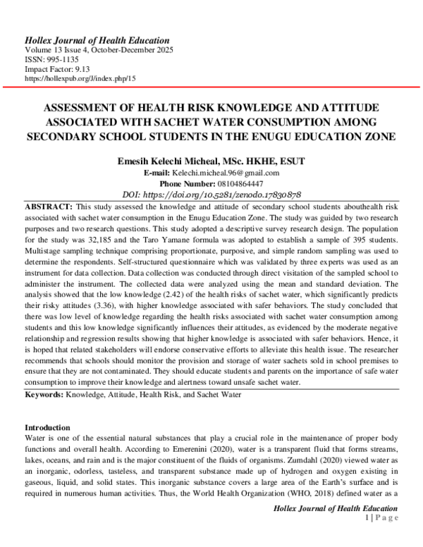 (PDF) ASSESSMENT OF HEALTH RISK KNOWLEDGE AND ATTITUDE ASSOCIATED WITH ...