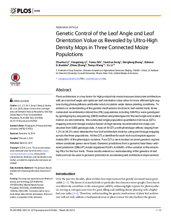 (PDF) Genetic control of the leaf angle and leaf orientation value as ...