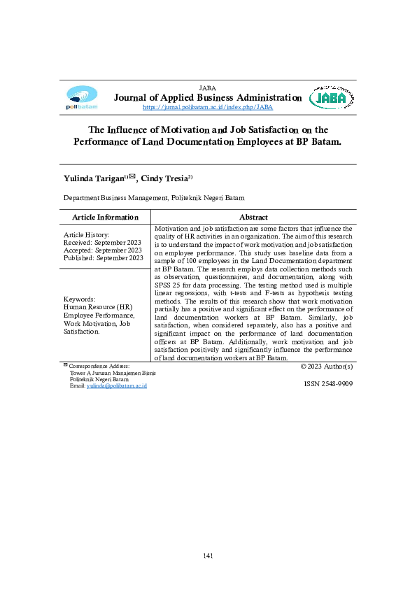 (PDF) The Effect of Motivation and Job Satisfaction on Performance of ...