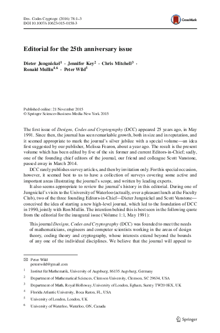 (PDF) Editorial for the 25th anniversary issue