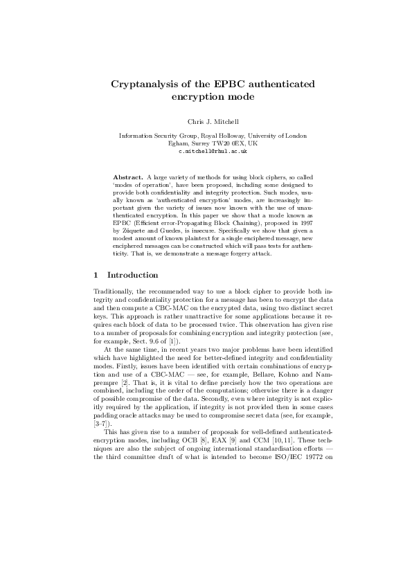 (PDF) Cryptanalysis of the EPBC Authenticated Encryption Mode
