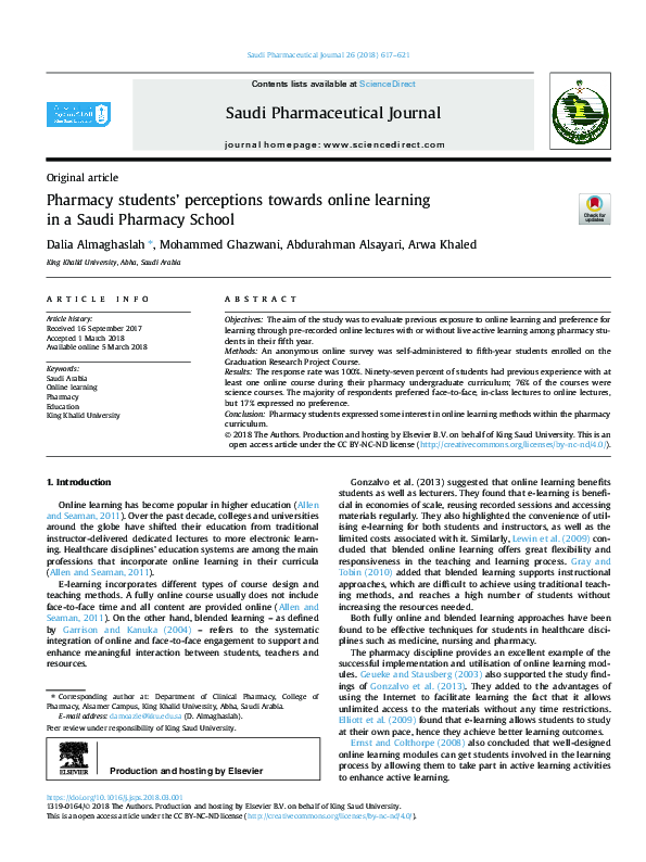 (PDF) Pharmacy students’ perceptions towards online learning in a Saudi ...