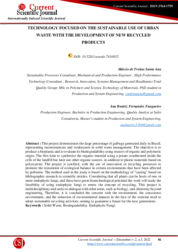 (PDF) Technology Focused on the Sustainable Use of Urban Waste with the ...