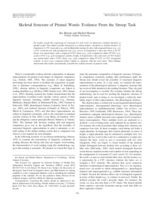 (PDF) Skeletal Structure of Printed Words: Evidence From the Stroop Task