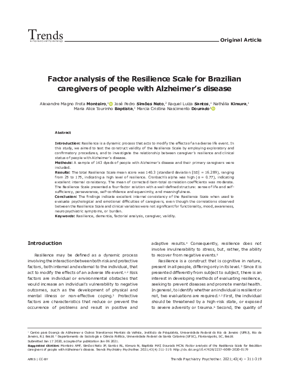(PDF) Factor analysis of the Resilience Scale for Brazilian caregivers ...