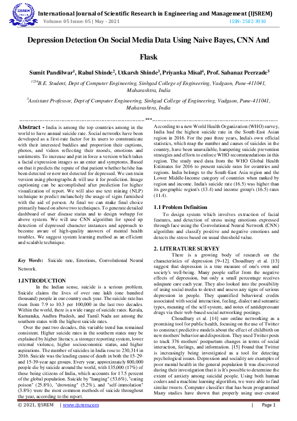 (PDF) Depression Detection On Social Media Data Using Naive Bayes, CNN ...