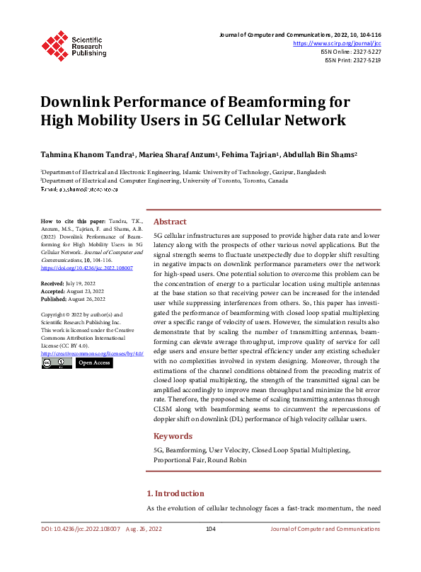 (PDF) Downlink Performance of Beamforming for High Mobility Users in 5G ...