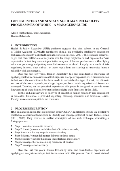 (PDF) Implementing and sustaining human reliability programmes of work ...