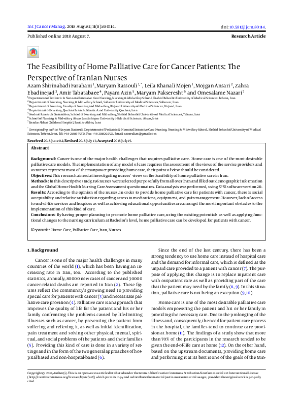 (PDF) The Feasibility of Home Palliative Care for Cancer Patients: The ...