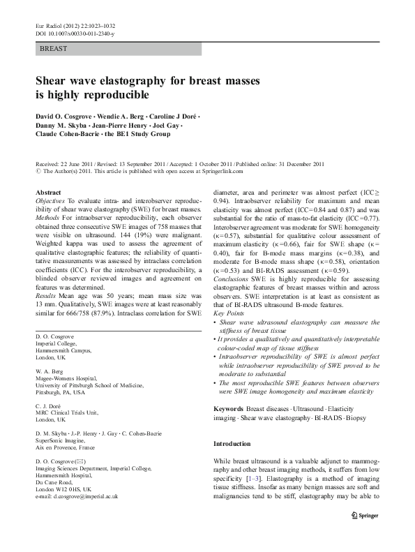 (PDF) Shear wave elastography for breast masses is highly reproducible