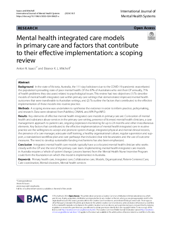 (PDF) Mental health integrated care models in primary care and factors ...