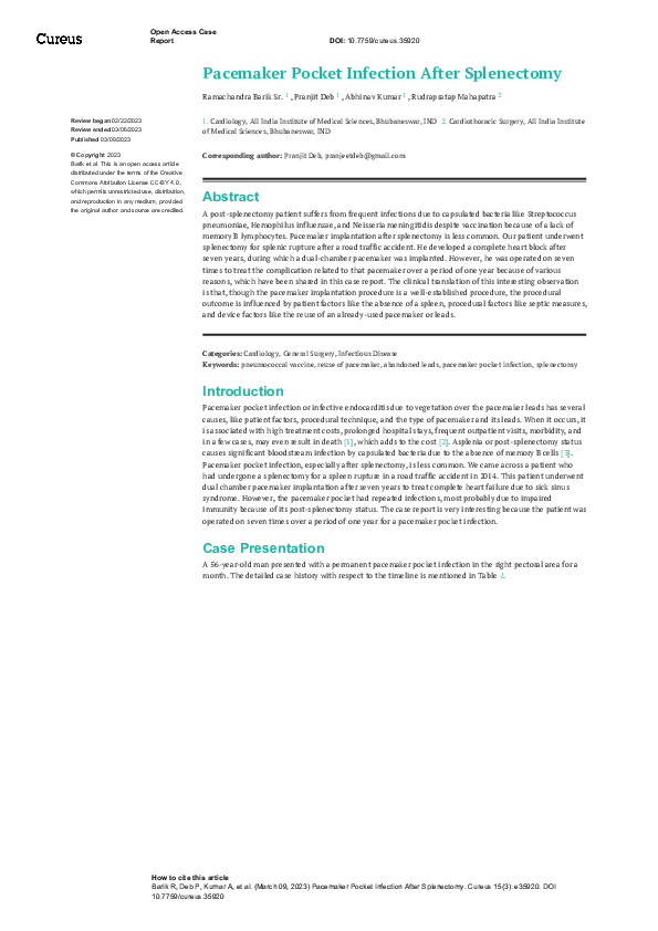 (PDF) Pacemaker Pocket Infection After Splenectomy