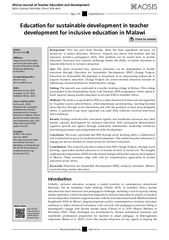 (PDF) Education for sustainable development in teacher development for ...