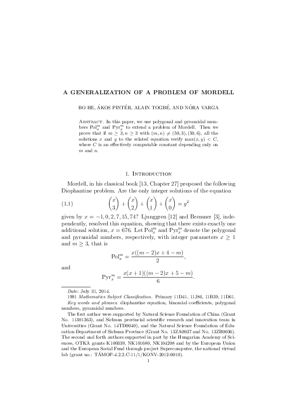 (PDF) A generalization of a problem of Mordell