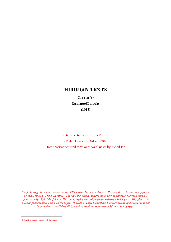 (PDF) Hurrian Texts (h1-h6) by Emmanuel Laroche (1955)