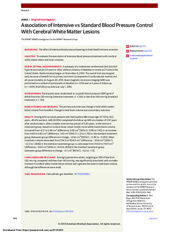 (PDF) Association of Intensive vs Standard Blood Pressure Control With ...