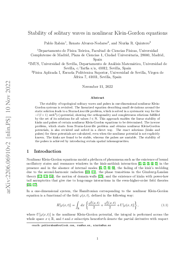 (PDF) Stability of solitary waves in nonlinear Klein–Gordon equations