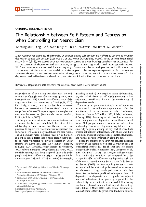 (PDF) The Relationship between Self-Esteem and Depression when ...