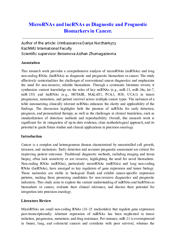 (PDF) MicroRNAs and lncRNAs as Diagnostic and Prognostic Biomarkers in ...