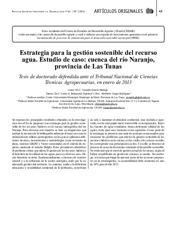 (PDF) Estrategia para la gestión sostenible del recurso agua. Estudio ...