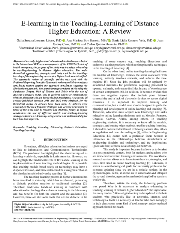 (PDF) E-learning in the Teaching-Learning of Distance Higher Education ...