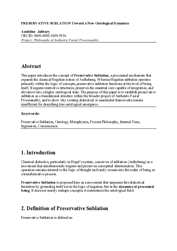 (PDF) PRESERVATIVE SUBLATION Toward a New Ontological Dynamics