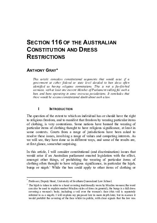 (PDF) Scetion 116 of the Australian Constitution and Dress Restrictions
