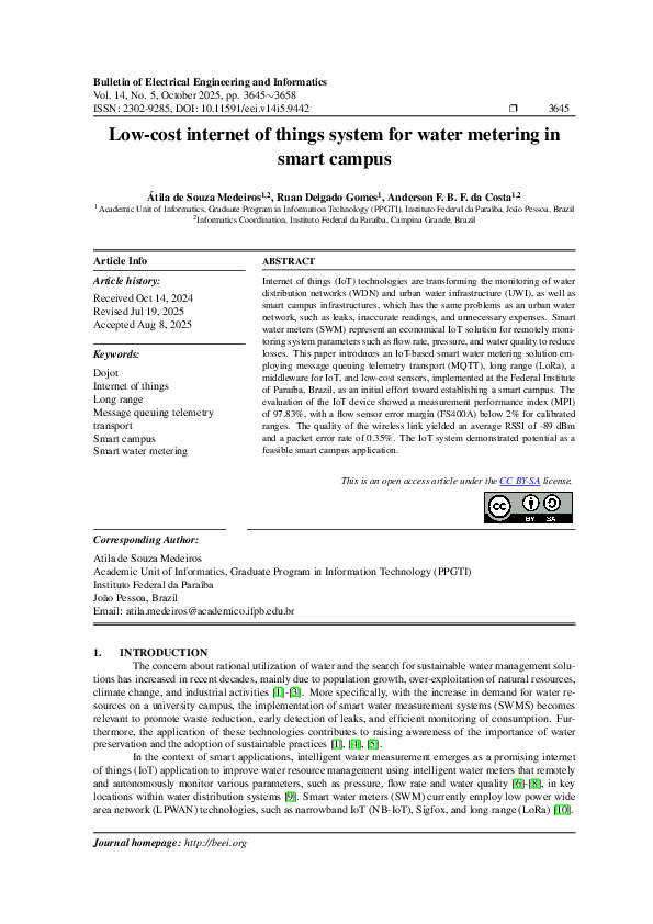 (PDF) Low-cost internet of things system for water metering in smart campus