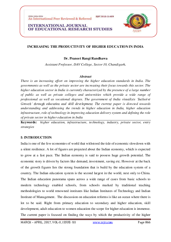(PDF) INCREASING THE PRODUCTIVITY OF HIGHER EDUCATION IN INDIA