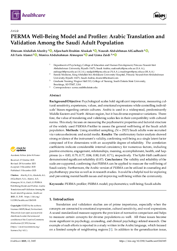 (PDF) PERMA Well-Being Model and Profiler: Arabic Translation and ...