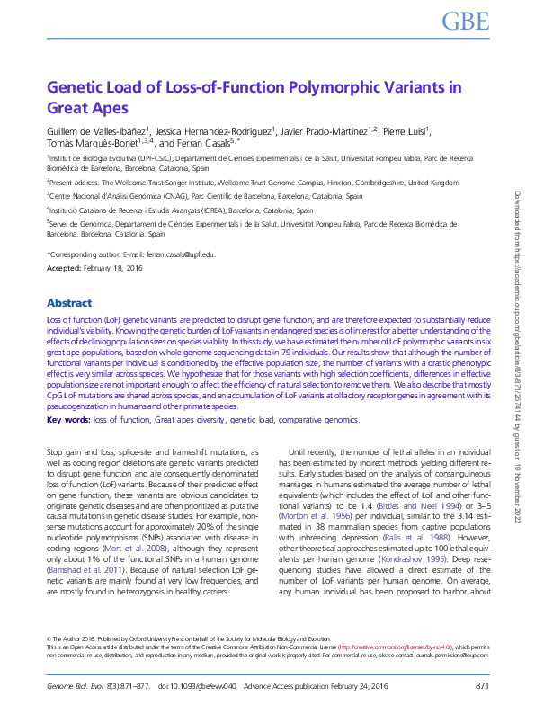 (PDF) Genetic Load of Loss-of-Function Polymorphic Variants in Great Apes