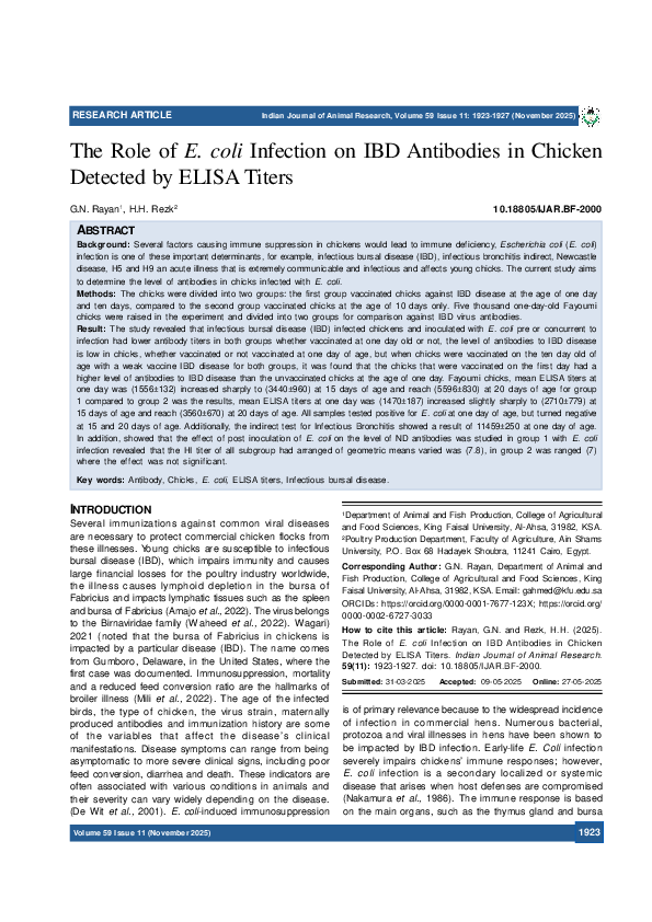 (PDF) The Role of E. coli Infection on IBD Antibodies in Chicken ...