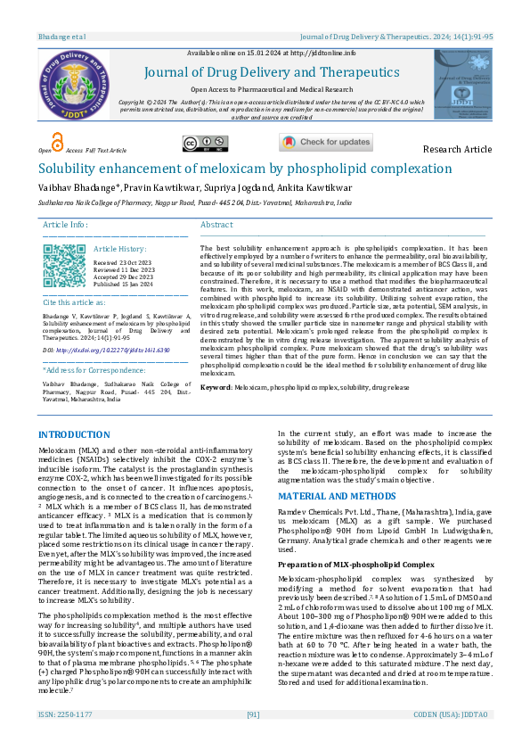 (PDF) Solubility enhancement of meloxicam by phospholipid complexation