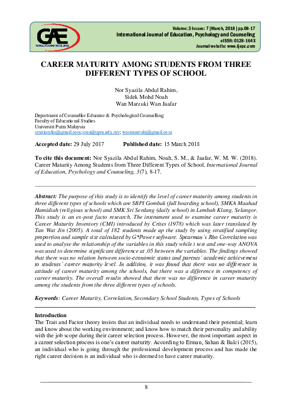 (PDF) Career maturity among students from three different types of school